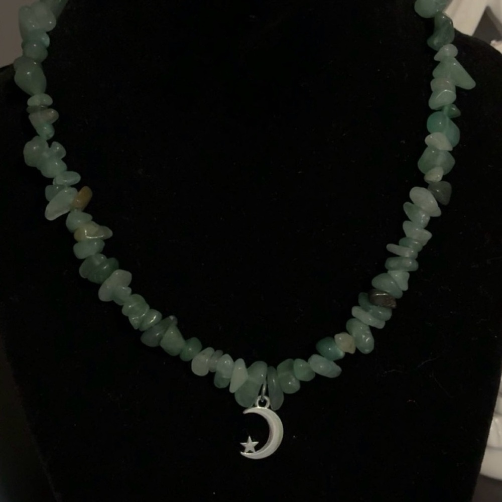 Mystical Green Gemstone Necklace with Moon Charm